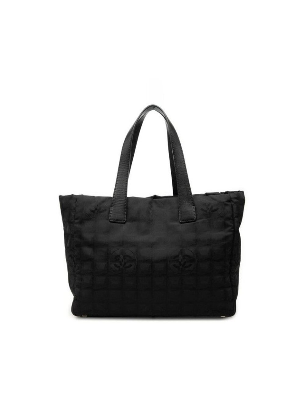 Chanel CC Logo New Travel Line Tote Bag MM Black Nylon Leather